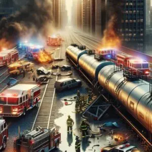 A painting of fire trucks and firemen in the middle of a city.