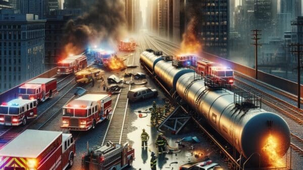 A painting of fire trucks and firemen in the middle of a city.