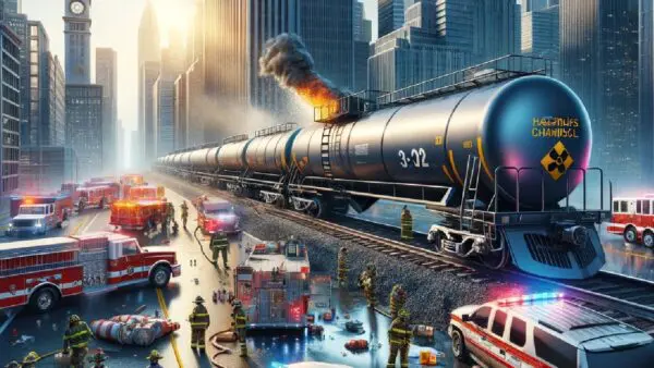 A train is on fire in the middle of a city.