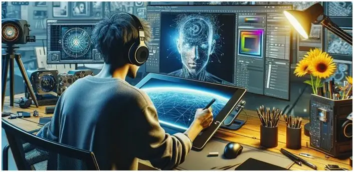 A person with headphones on using a computer