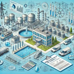 A drawing of an industrial area with many different types of buildings.