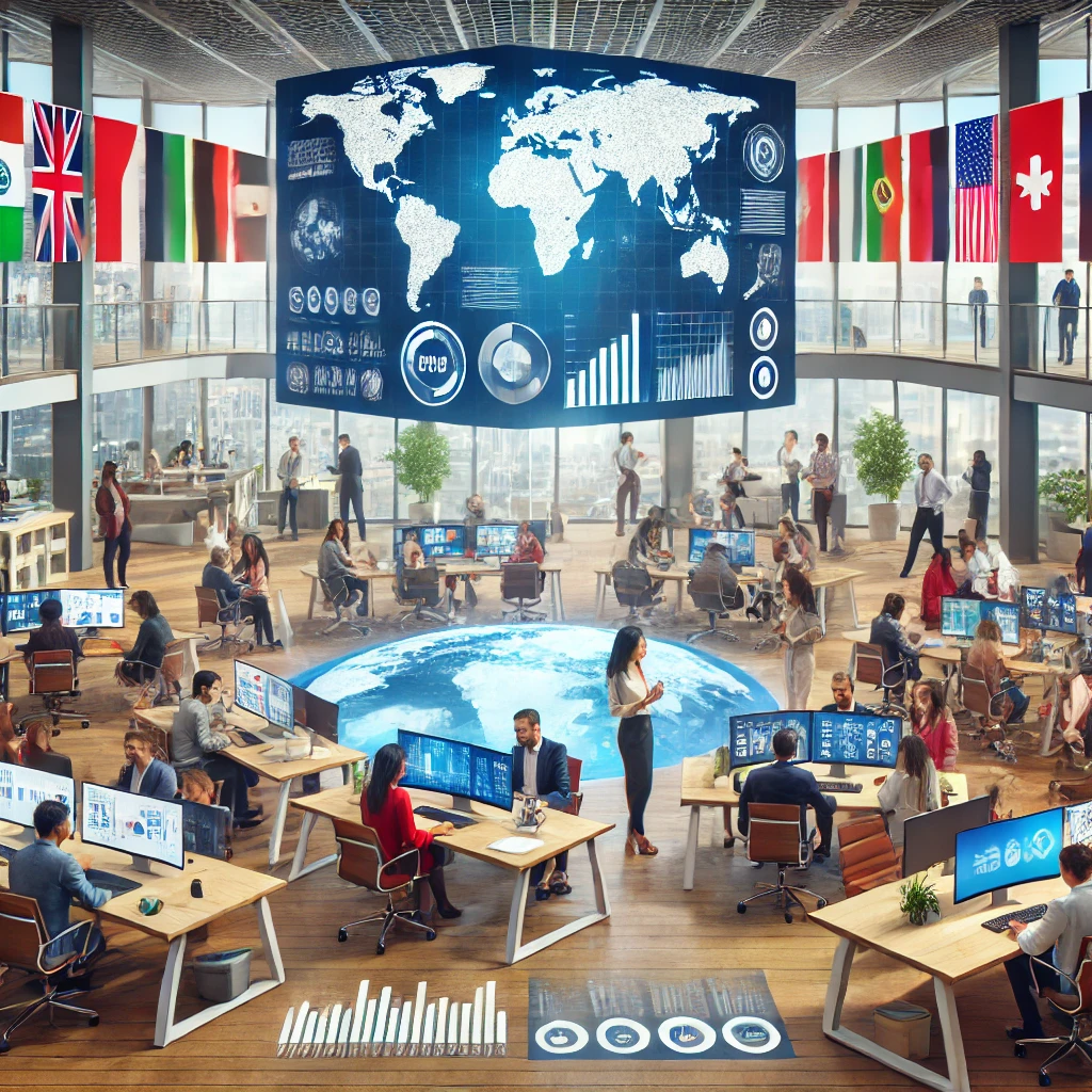 A group of people sitting around tables with computers.