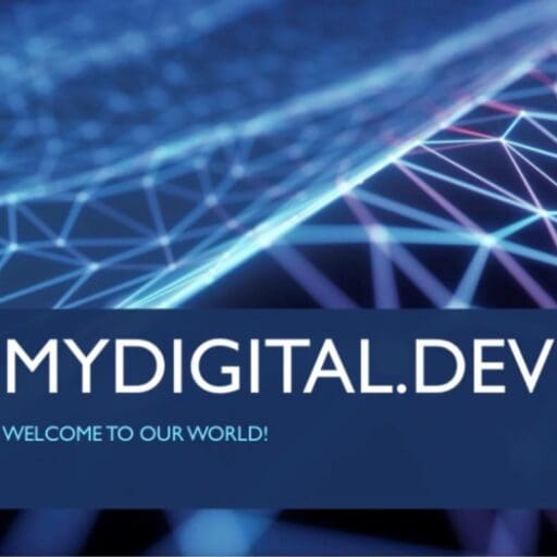 A blue background with the words " mydigital. Dev " written in front of it